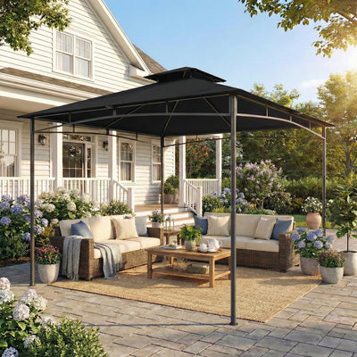 Outsunny 3 x 3 m Gazebo, Garden Gazebo with 2-Tier Roof, Metal Frame, Black 