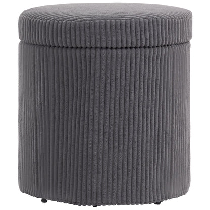 HOMCOM 40cm Round Storage Ottoman, Corduroy Footstool with Removable Lid and Legs, Vanity Stool for Living Room, Bedroom, Grey 