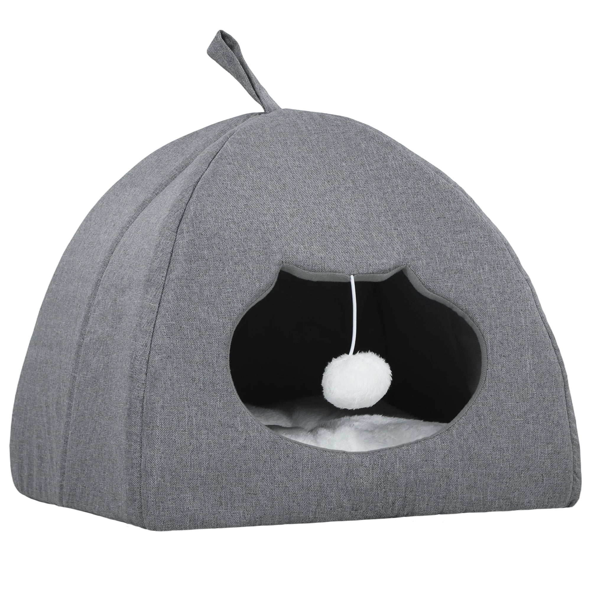 PawHut Cat Cave Bed for Indoor Kittens, Cat House with Removable Cushion and Teaser Ball, Kitty Igloo with Anti-Slip Base, 42 x 42 x 39 cm, Grey 