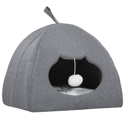 PawHut Cat Cave Bed for Indoor Kittens, Cat House with Removable Cushion and Teaser Ball, Kitty Igloo with Anti-Slip Base, 42 x 42 x 39 cm, Grey 