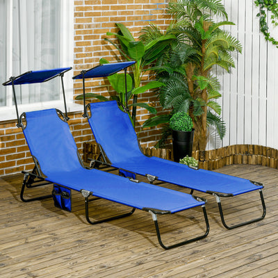 Outsunny 2 Piece Folding Sun Loungers with Canopy, Adjustable Recliner Garden Chairs with Side Pocket, Steel Frame and Breathable Mesh for Outdoor, Pool, Beach, Garden, Blue 