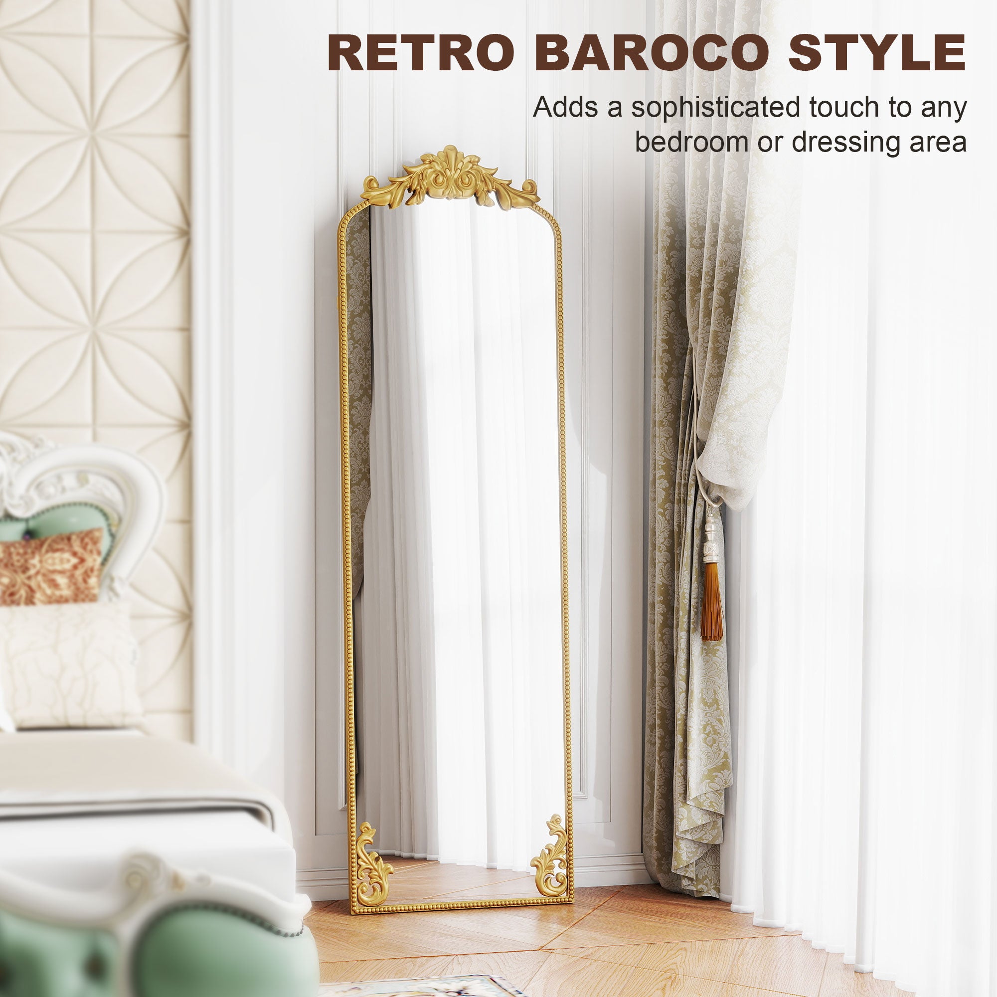 HOMCOM Full Length Mirror, 50 x 160 cm Floor Mirror with Baroque Metal Frame for Bedroom, Living Room, Dressing Room, Gold Tone 