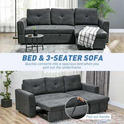 HOMCOM 3 Seater Sofa Bed, L Shaped Pull Out Sofa Bed with Storage, Convertible Click Clack Settee Sectional Sleeper Futon for Living Room, Office, Dark Grey 