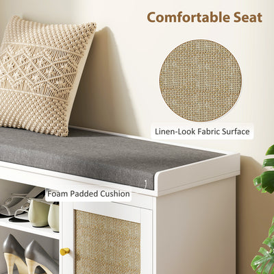 HOMCOM Boho Shoe Storage Bench with Padded Cushion and Rattan Doors - White 