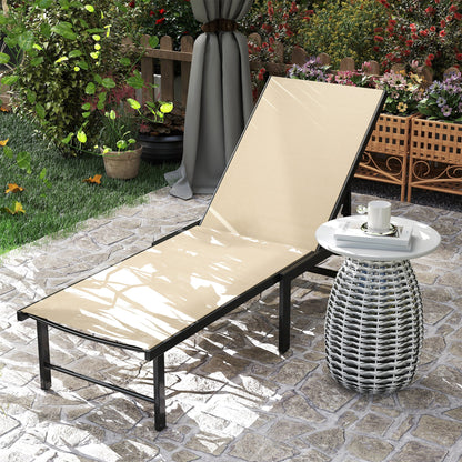 Outsunny Sun Lounger for Garden, 5-Level Adjustable Reclining Sun Lounger Chair, Flat Garden Lounger Sunbed with Texteline Seat, Steel Frame for Patio, Beach, Khaki 