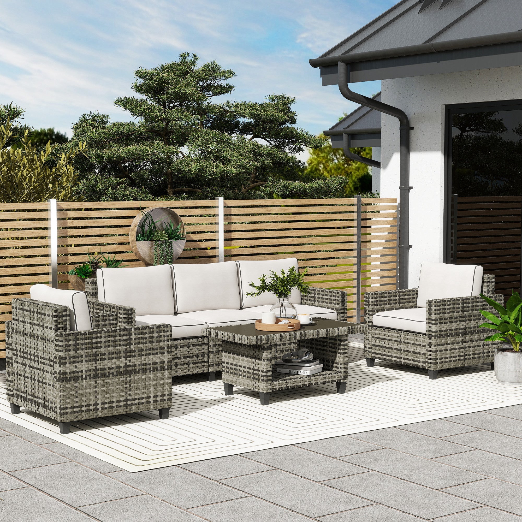 Outsunny 6 Pieces Rattan Garden Furniture Set, 5 Seater Wicker Outdoor Furniture Set with 2 Armchairs, Steel Frame Coffee Table and Cushions for Balcony, Porch, Light Grey 