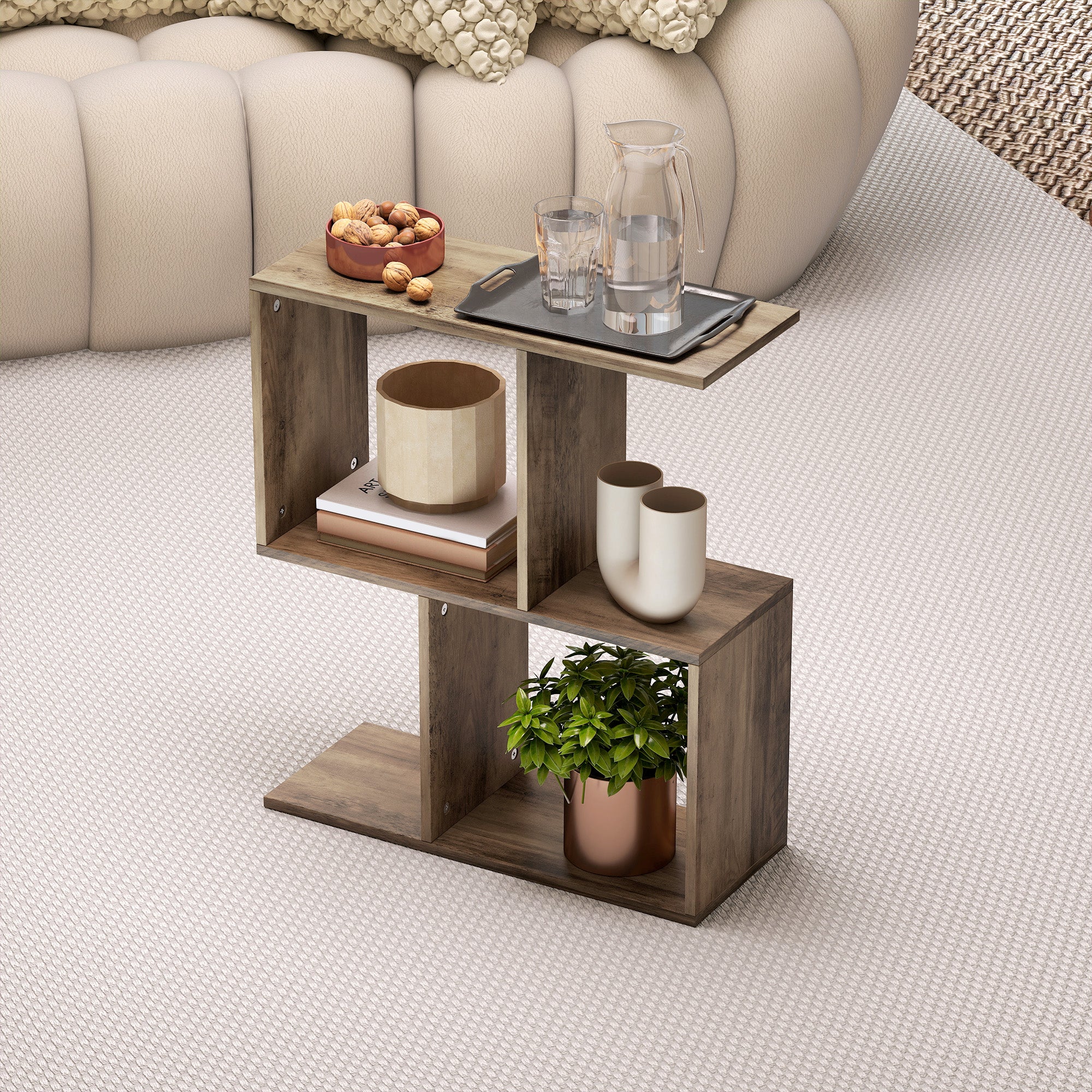 HOMCOM Side Table, Narrow End Table with Storage Shelves, S-Shaped, 3-Tier, 50W x 19.5D x 58H cm, Oak 