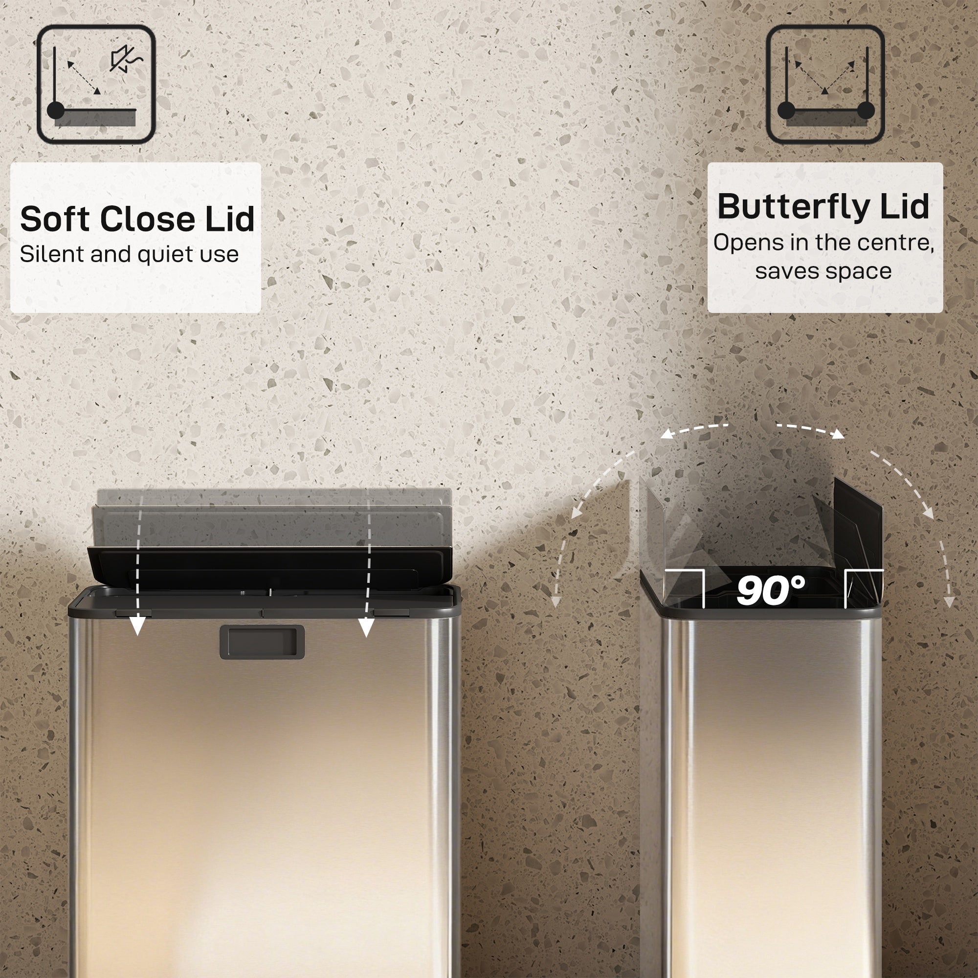 HOMCOM Dual Kitchen Bin with Soft-Close Butterfly Lid, 2 x 28L Stainless Steel Pedal Bin with Removable Inner Buckets, Fingerprint-Proof for Recycling and Waste, Silver Tone 