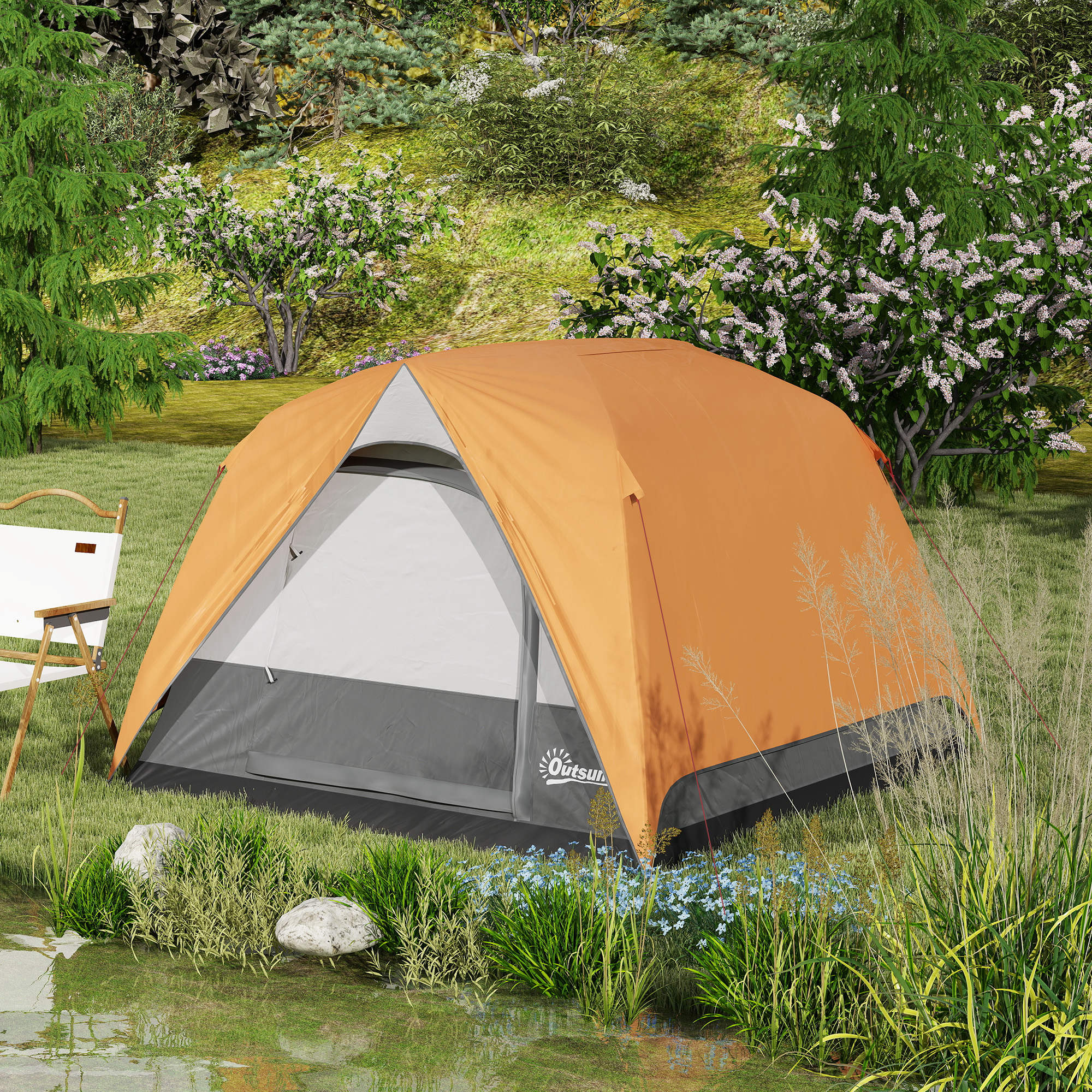 Outsunny 3-4 Person Camping Tent, Easy Set Up Waterproof Dome Tent with Sewn-in Groundsheet, Mesh Windows, Pocket and Hook for Camping, Hiking, Backpacking, Orange and Grey 