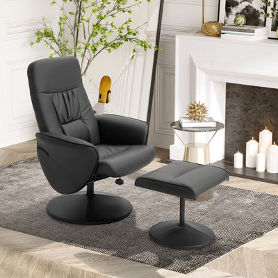 HOMCOM Swivel Recliner Chair with Footstool, PU Leather Armchair and Ottoman with High Back and Round Base for Living Room, Black 