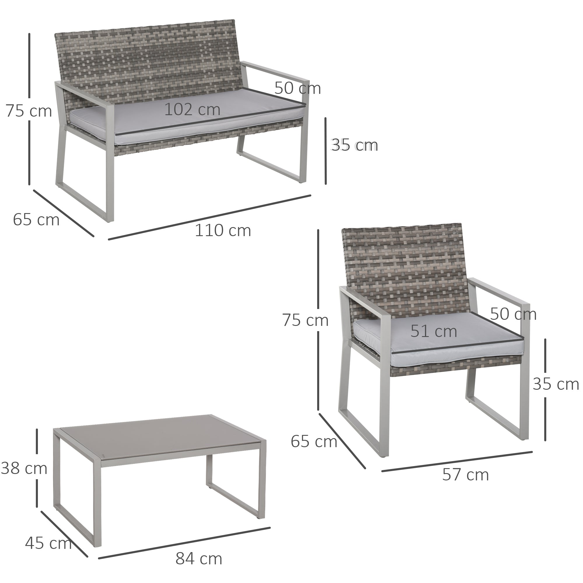 Outsunny 4PC Rattan Garden Furniture Set 2 Single Sofa Arm Chairs 1 Bench with Cushions & Coffee Table Patio Backyard Wicker Weave 