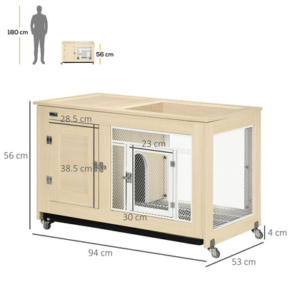 PawHut Rabbit Hutch, with Wheels, Removable Tray, Openable Roof, for 1-2 Rabbits - Oak Tone