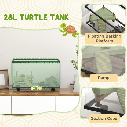 PawHut 28L Glass Turtle Tank Aquarium with Basking Platform, Easy Drainage, Strip Patch Thermometer 