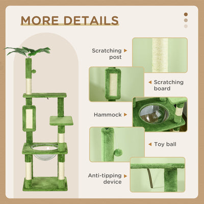 PawHut 142cm Cat Tree Tower, with Scratching Post, Hammock, Toy Ball, Platforms - Green 