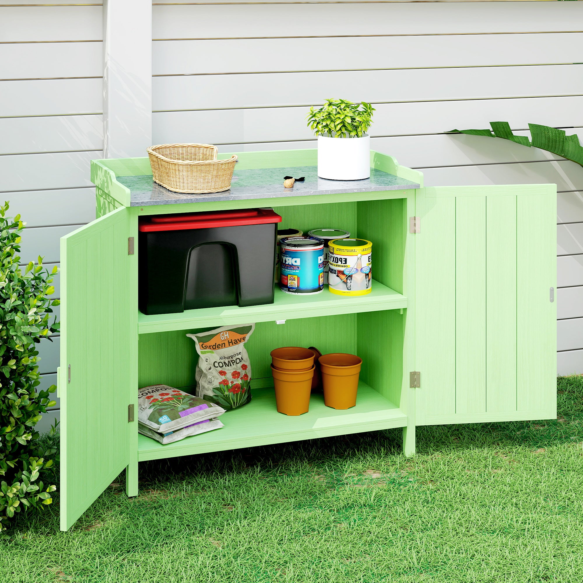 Outsunny Wood Garden Storage Cabinet, Outdoor Tool Shed, Potting Bench Table with galvanised Top and Two Shelves for garden Tools or Pool Accessories, Green 