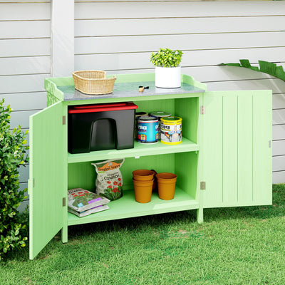 Outsunny Wood Garden Storage Cabinet, Outdoor Tool Shed, Potting Bench Table with galvanised Top and Two Shelves for garden Tools or Pool Accessories, Green 