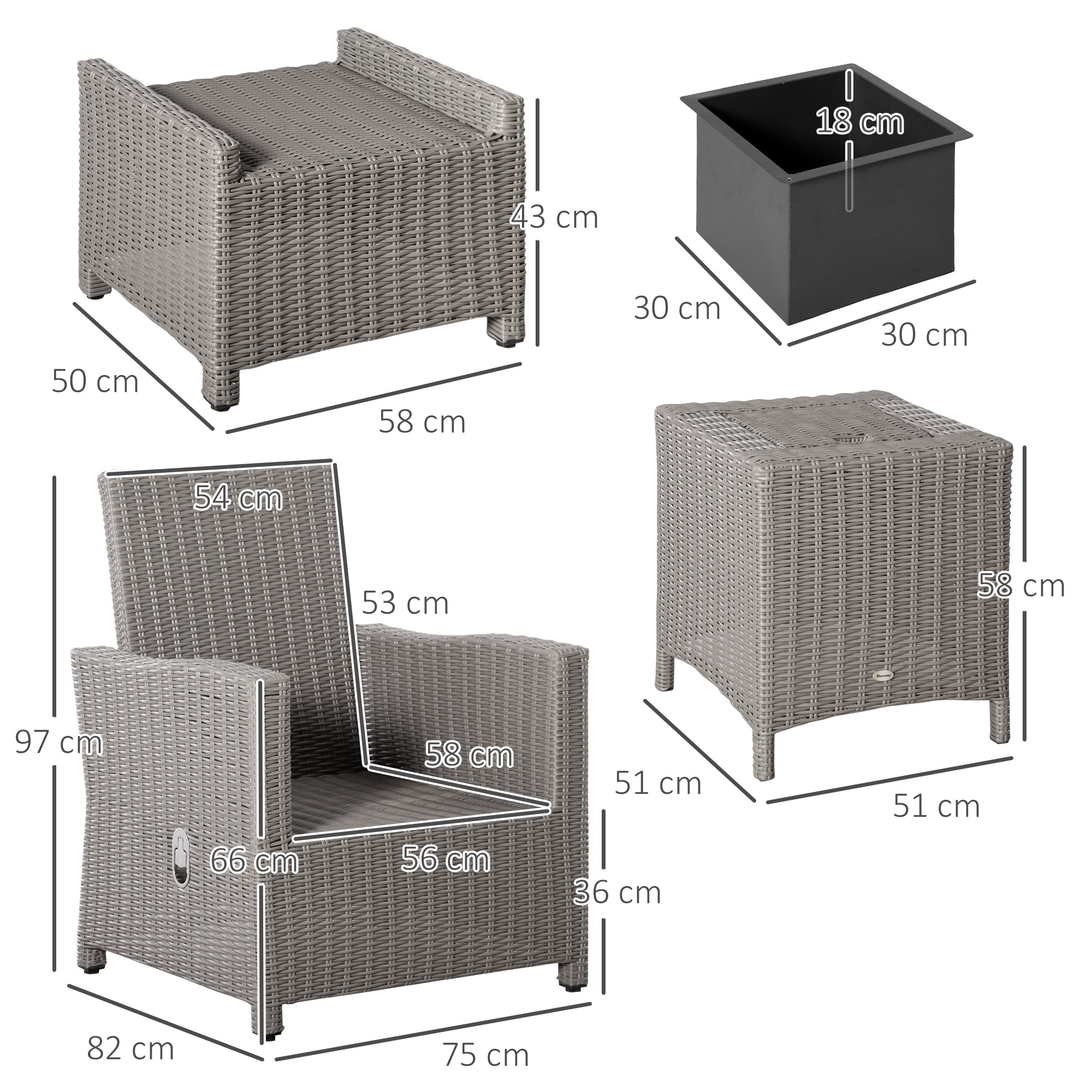 Outsunny 5 Pieces Outdoor PE Rattan Garden Furniture with Cushions, Patio Lounge Adjustable Backrest Chairs, Footstools and Cooler Bar Coffee Table & Cover, Grey 