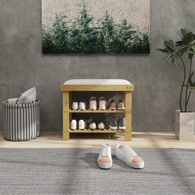 HOMCOM Bamboo Shoe Storage Bench, 3-Tier Shoe Bench with Seat Cushion, Shoe Rack for Entryway, Hallway, Living Room, Bedroom, Cream White 