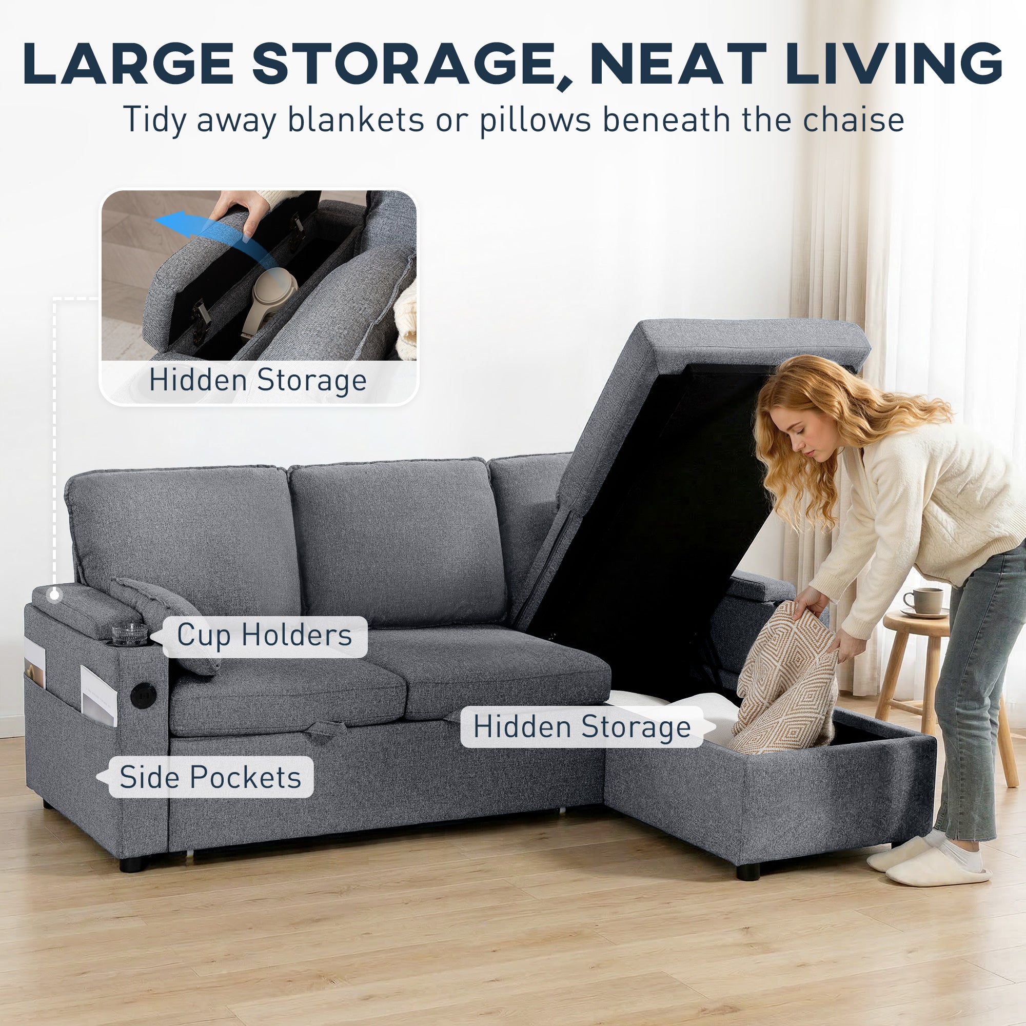 HOMCOM Corner Sofa Bed, L Shaped Sleeper Sectional Sofa with Reversible Storage Chaise, Grey 
