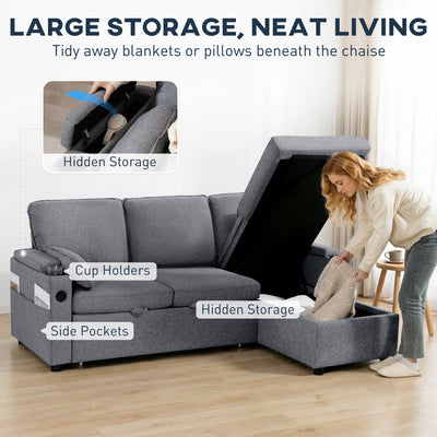 HOMCOM Corner Sofa Bed, L Shaped Sleeper Sectional Sofa with Reversible Storage Chaise, Grey 