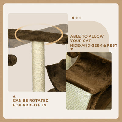 PawHut Cat Tree, Cat Tower for Kittens, Small Cat Condo with Rotatable Top Bar, Sisal Scratching Post, Tunnel, Dangling Balls - Brown 