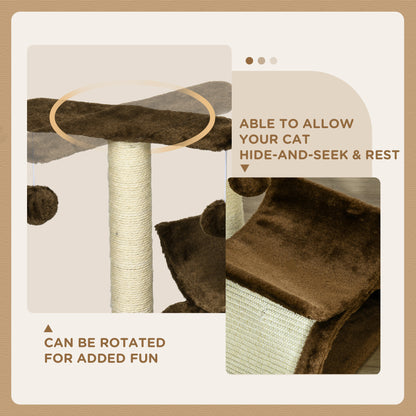 PawHut Cat Tree, Cat Tower for Kittens, Small Cat Condo with Rotatable Top Bar, Sisal Scratching Post, Tunnel, Dangling Balls - Brown 