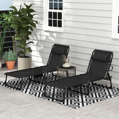 Outsunny Portable Sun Lounger Set of 2, Folding Camping Bed Cot, Reclining Lounge Chair 5-position Adjustable Backrest with Side Pocket, Pillow for Patio Garden Beach Pool, Black 
