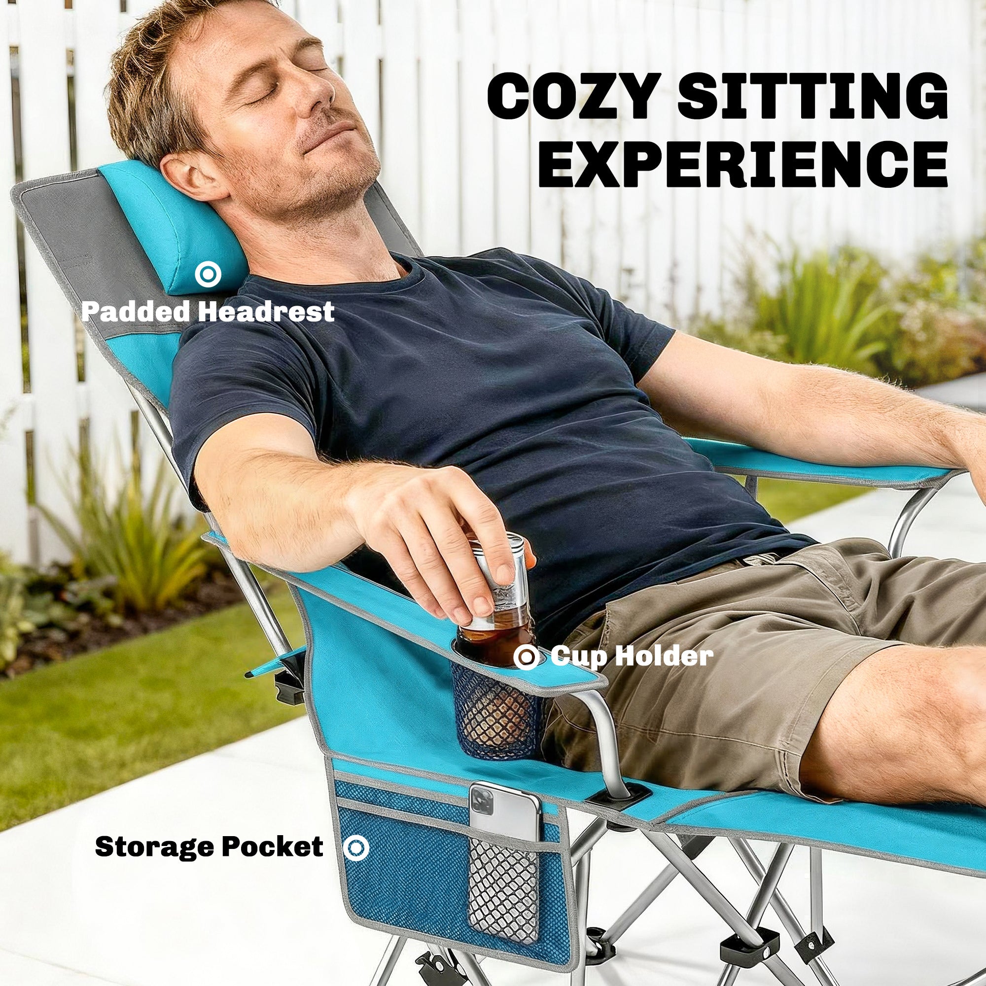 Outsunny Set of 2 Reclining Folding Camping Chair w/ Detachable Footrest, Storage Bag, Cup Holder & Headrest, Blue and Grey 