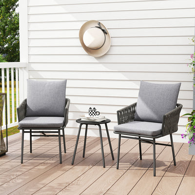 Outsunny 3-Piece Rattan Bistro Set, Garden Table and Chairs with 4 Cushions, Patio Rattan Conversation Furniture Set for Balcony, Porch, Terrace, Grey 