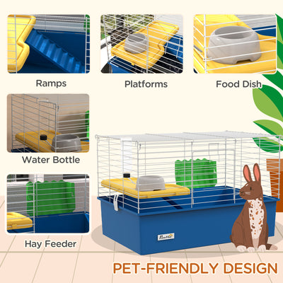 PawHut Chinchillas Small Rabbit Guinea Pig Small Animal Cage, Pet Playhouse, with Platform, Ramp, 71 x 46 x 47cm, Blue 