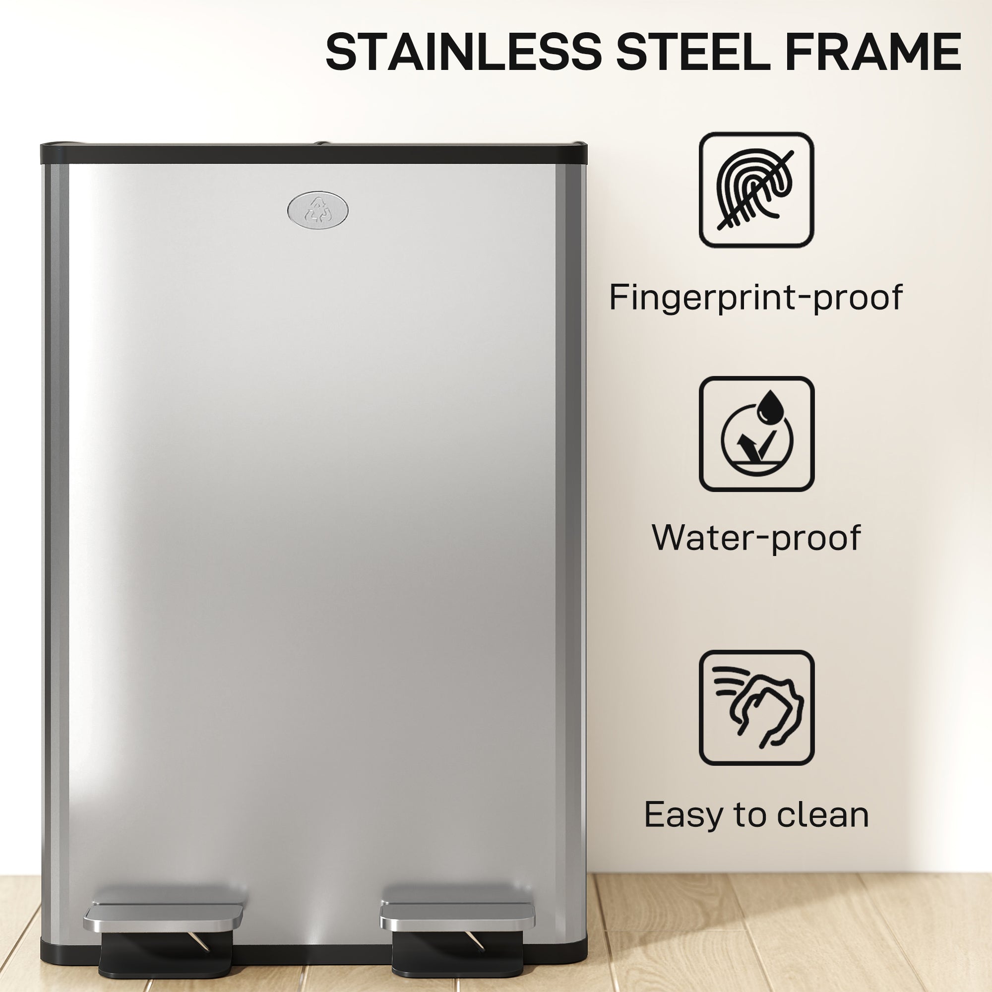 HOMCOM 56L Dual Compartment Stainless Steel Bin, with Deodoriser Holders - Silver Tone 