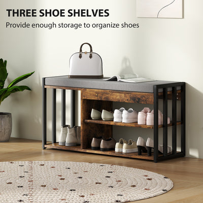 HOMCOM Shoe Storage with Seat, Upholstered Entryway Bench, Shoe Bench with 3 Open Shelves for Hallway, Rustic Brown 