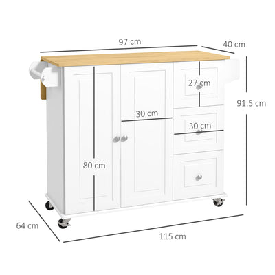 HOMCOM Kitchen Island with Drop Leaf, Rolling Kitchen Storage Trolley on Wheels with 3 Drawers, Spice Rack and Towel Rack, Storage Cart with Rubber Wood Top, White 