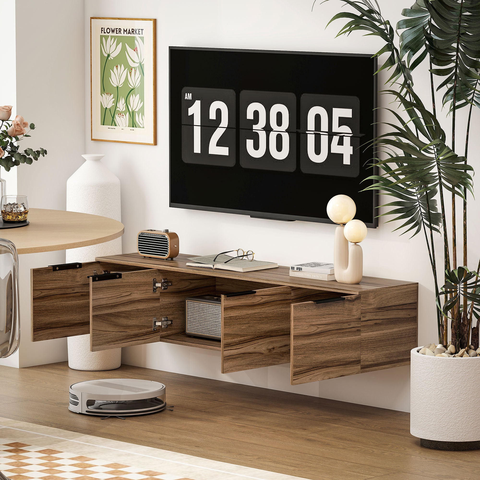 HOMCOM Floating TV Unit, 150 cm Wall Mounted TV Stand Cabinet with Shelves and Doors, Entertainment Media Console for Living Room, Bedroom, Rustic Brown