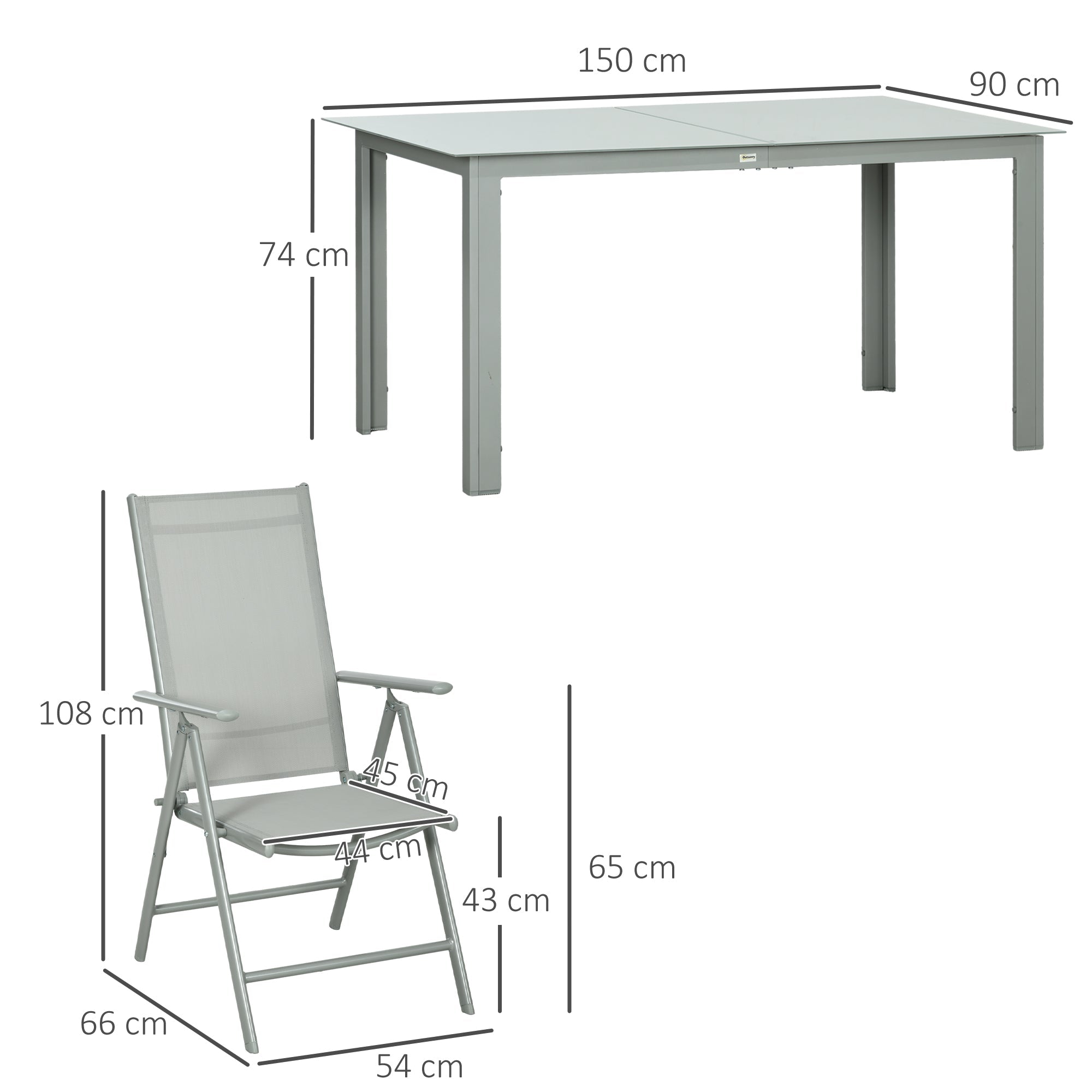Outsunny 7 Piece Garden Dining Set, Outdoor Table and 6 Folding and Reclining Chairs, Aluminium Frame, Tempered Glass Top Table, Texteline Seats, Grey 