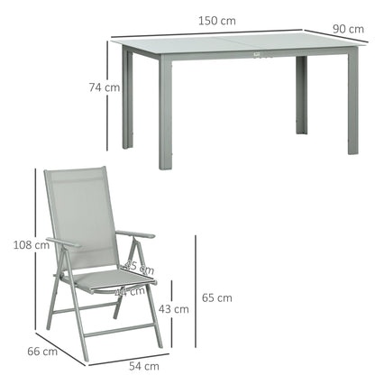 Outsunny 7 Piece Garden Dining Set, Outdoor Table and 6 Folding and Reclining Chairs, Aluminium Frame, Tempered Glass Top Table, Texteline Seats, Grey 