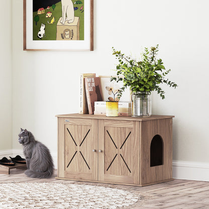 PawHut Cat Litter Box Enclosure with Double Doors and Side Entrance, Non-Slip Pads for Living Room, Walnut Brown 