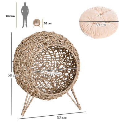 PawHut Wicker Cat Bed, Ball-Shaped Rattan Elevated Cat Basket with Three Tripod Legs, Cushion - Natural Wood Finish 