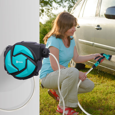 DURHAND 10m Garden Auto Hose Reel Wall Mounted Retractable 7 Patterns Spray Nozzle 