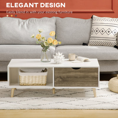 HOMCOM Coffee Table, Modern Tea Table with Open Storage Shelves, Two Drawers and Solid Wood Legs, Coffee Tables for Living Room, Bed Room, White 