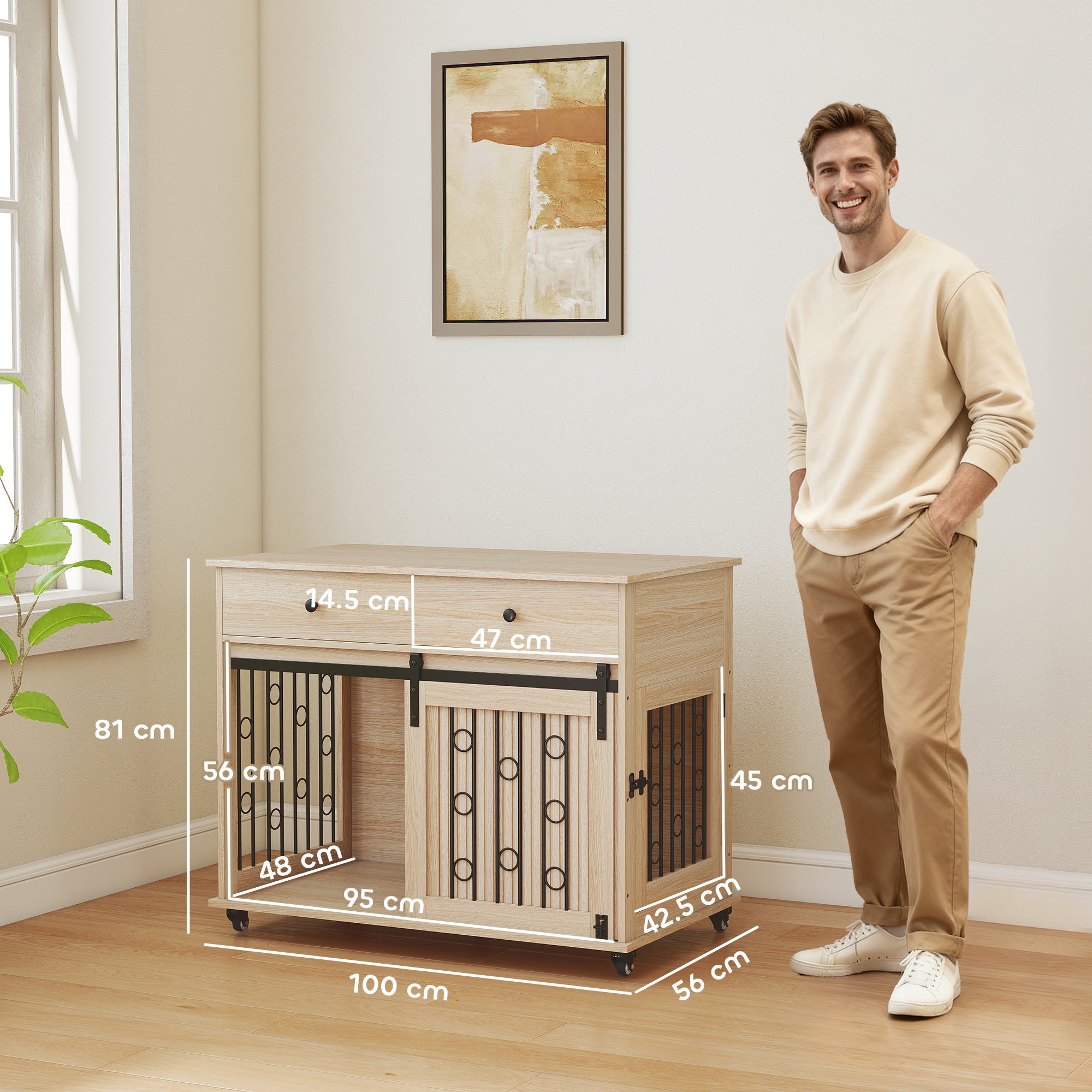 PawHut Dog Crate Furniture on Wheels, Dog Cage with 2 Drawers, Sliding Door, for Medium Large Dogs, Oak Tone 