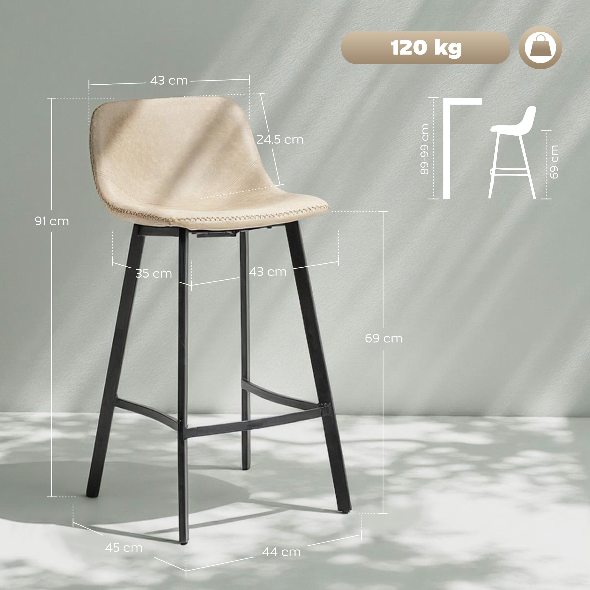 HOMCOM Bar Stools Set of 2, PU Leather Dining Stools with Backrest, Footrest, for Kitchen, Counter, Breakfast Bar, Light Brown 