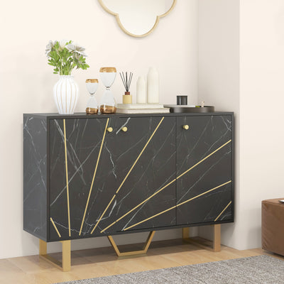 HOMCOM Sideboard Storage Cabinet, Modern Storage Cupboard with Adjustable Shelves and Metal Legs for Living Room, Kitchen, Dining Room, Entryway, Black Marble Tone 