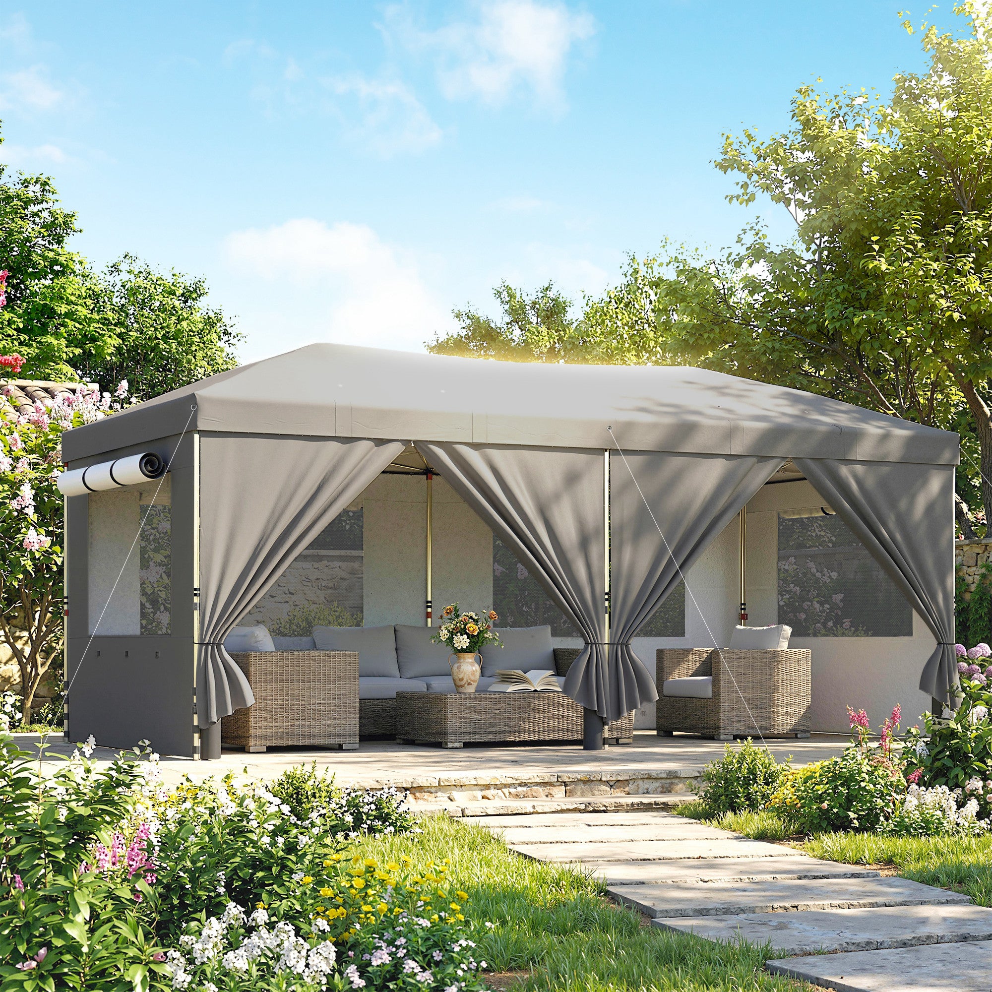 Outsunny 3 x 6 m Pop Up Canopy with UV50+ Protection Garden Gazebo with 6 Sidewalls, Dark Grey 