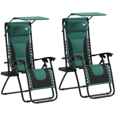 Outsunny Zero Gravity Lounger Chair Set of 2, Folding Reclining Patio Chair with Shade Cover, Padded Seat, Cup Holder, Soft Cushion and Headrest for Poolside, Camping, Green 
