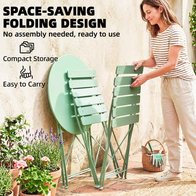 Outsunny Folding Garden Bistro Set, Outdoor Round Bistro Table and Chairs Set 2 with Electrophoresis Metal Frame, Light Green 