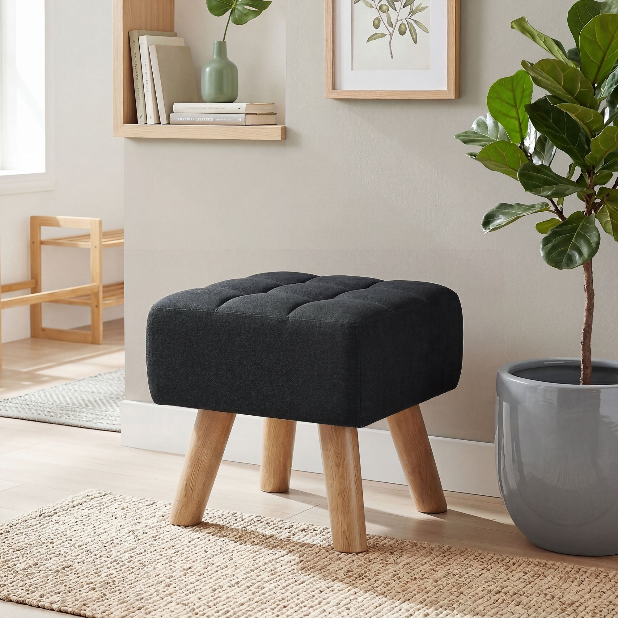 HOMCOM Linen-Look Square Padded Footstool - Black 