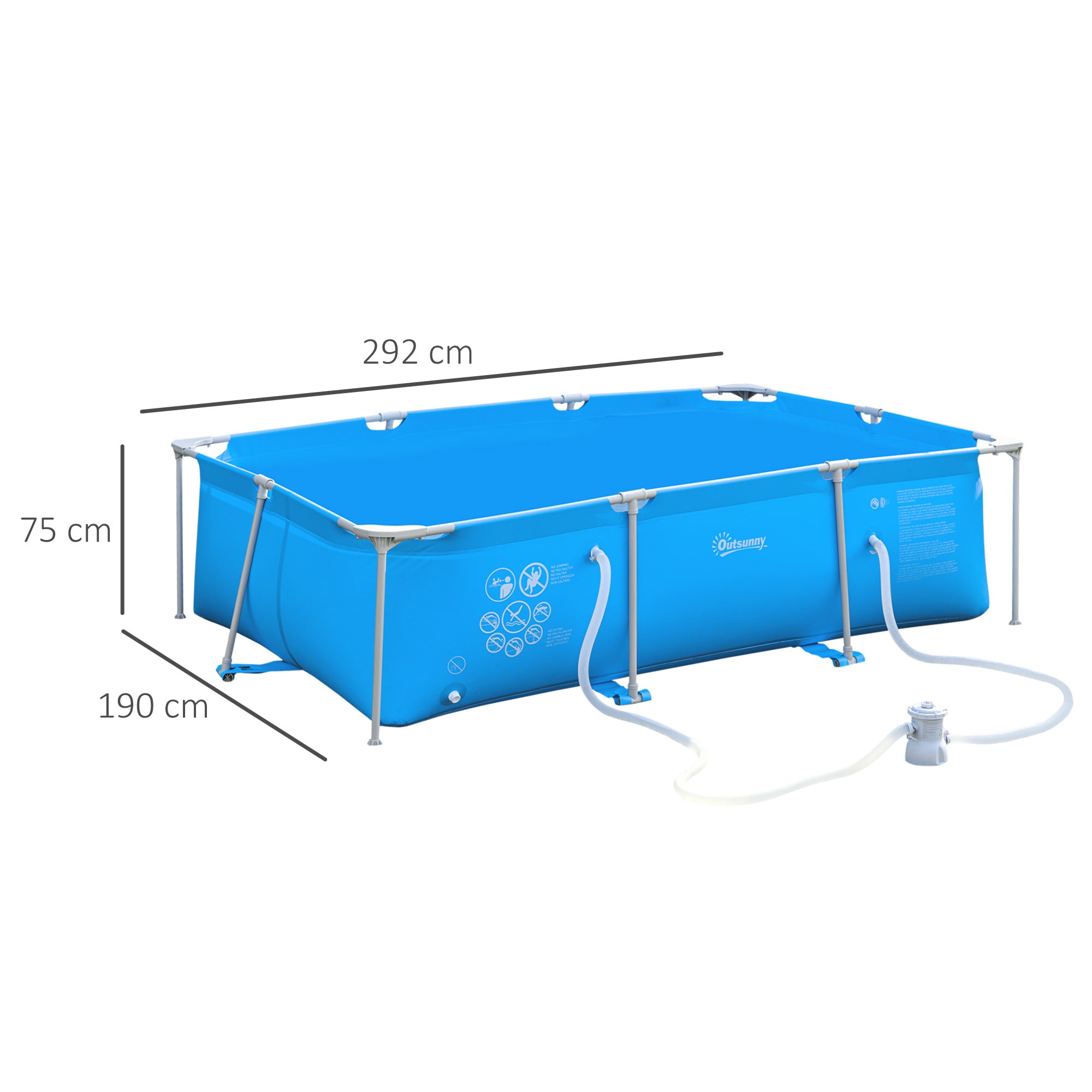 Outsunny Steel Frame Pool with Filter Pump, Filter Cartridge, Reinforced Sidewalls Rust Resistant Above Ground Swimming Pool 292 x 190 x 75cm, Blue 