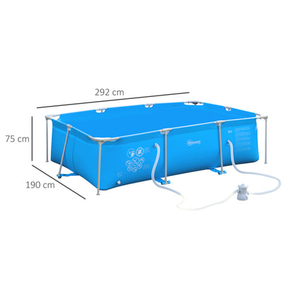 Outsunny Steel Frame Pool with Filter Pump, Filter Cartridge, Reinforced Sidewalls Rust Resistant Above Ground Swimming Pool 292 x 190 x 75cm, Blue 
