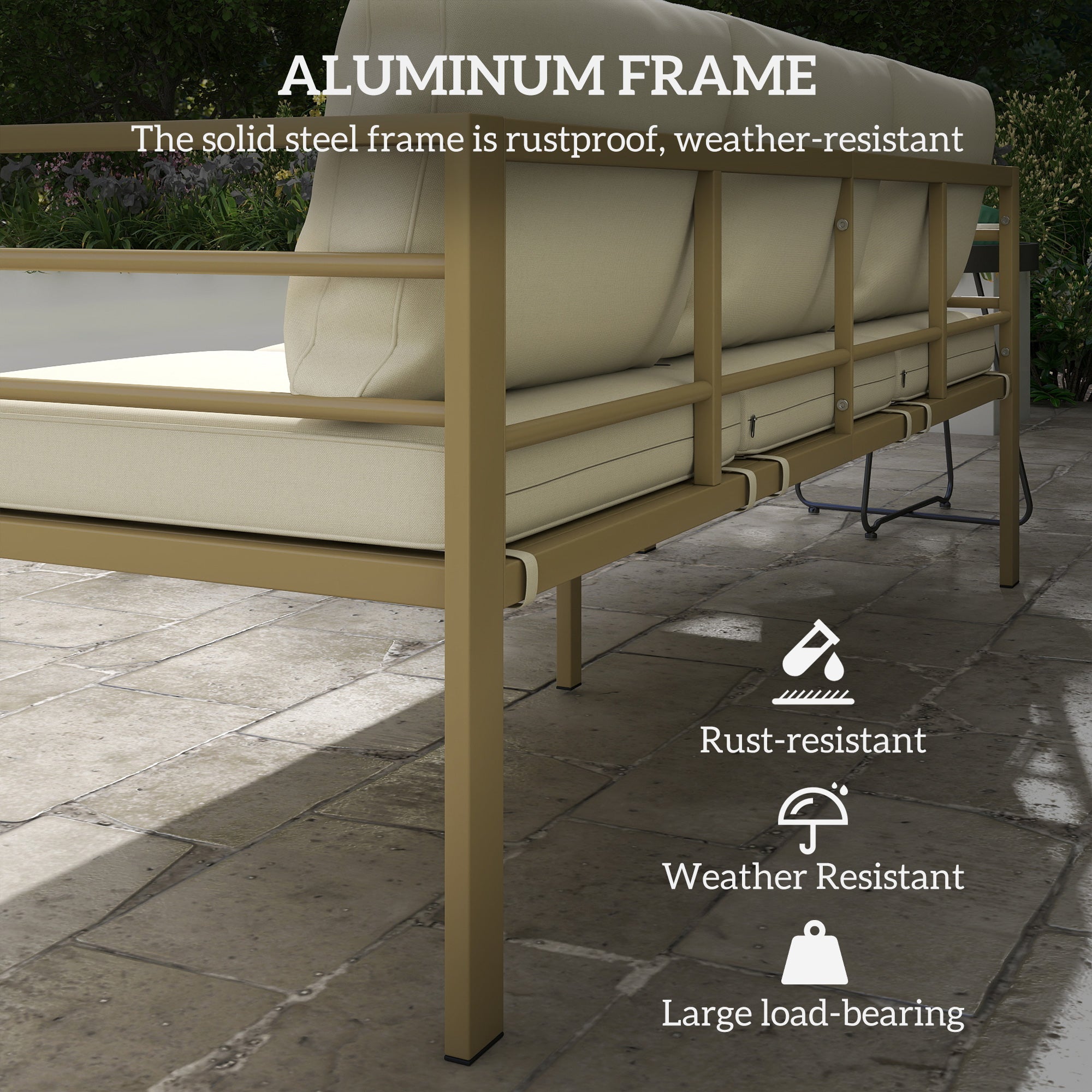 Outsunny Garden Bench with Cushions, 3-Seater Sofa with Backrest, Armrest and Back Cushions, 185 x 66 x 64cm, Cream White 